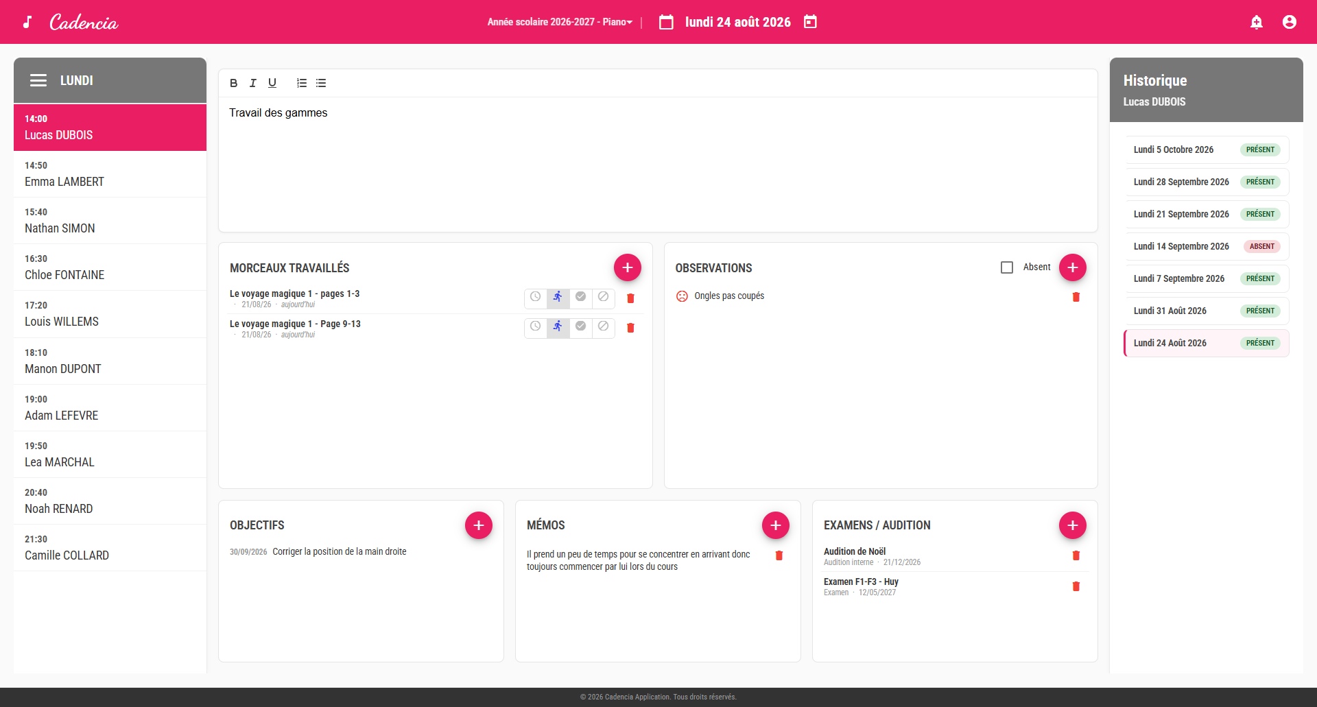 Le journal de classe de Cadencia : cours du jour, compte rendu, observations et morceaux travaillés.